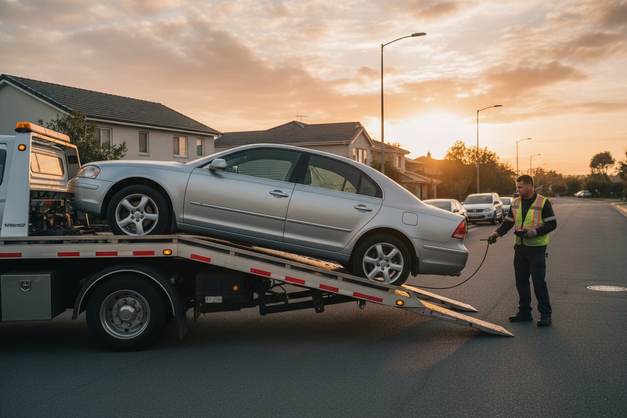 A tow truck driver in a high-visibility vest stands on a suburban street at sunset, operating the winch to load a silver sedan onto the flatbed.